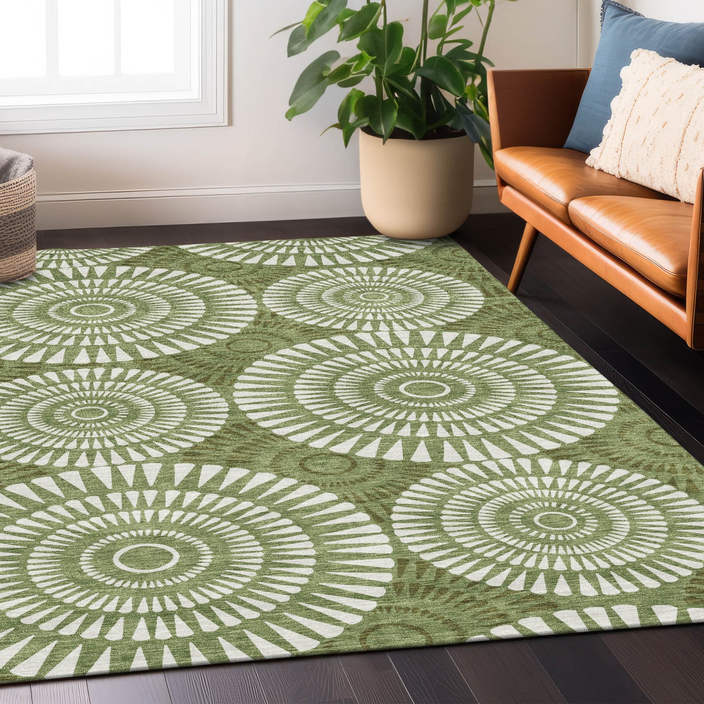 Tabselect Home Line 5' X 8' Green And Ivory Geometric Washable Indoor Outdoor Area Rug