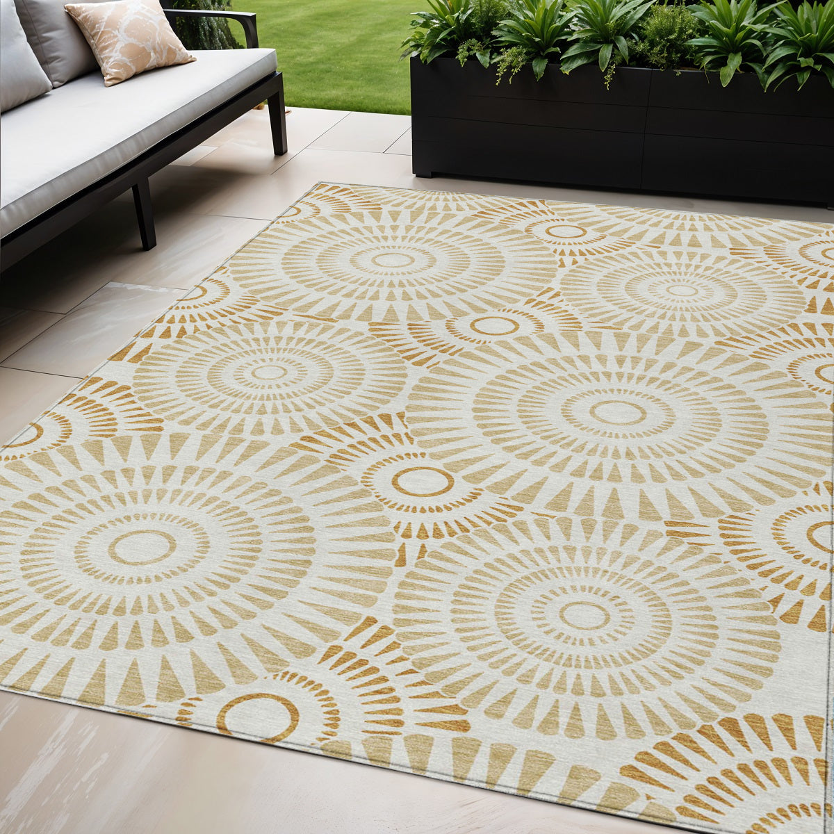 Tabselect Home Line 5' X 8' Gold Brown And Ivory Geometric Washable Indoor Outdoor Area Rug