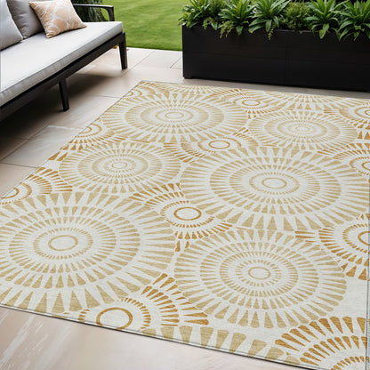 Tabselect Home Line 5' X 8' Gold Brown And Ivory Geometric Washable Indoor Outdoor Area Rug
