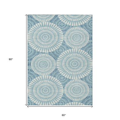 Tabselect Home Line 5' X 8' Teal Blue And Ivory Geometric Washable Indoor Outdoor Area Rug