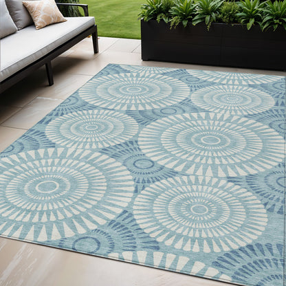Tabselect Home Line 5' X 8' Teal Blue And Ivory Geometric Washable Indoor Outdoor Area Rug