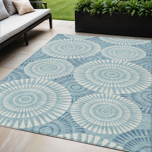 Tabselect Home Line 5' X 8' Teal Blue And Ivory Geometric Washable Indoor Outdoor Area Rug