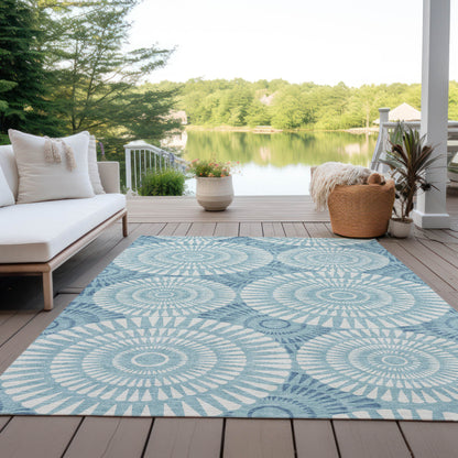 Tabselect Home Line 5' X 8' Teal Blue And Ivory Geometric Washable Indoor Outdoor Area Rug