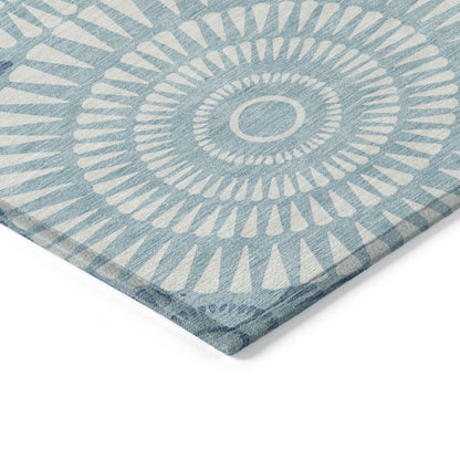 Tabselect Home Line 5' X 8' Teal Blue And Ivory Geometric Washable Indoor Outdoor Area Rug