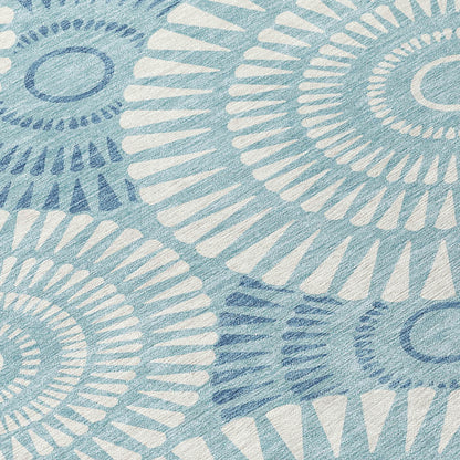 Tabselect Home Line 5' X 8' Teal Blue And Ivory Geometric Washable Indoor Outdoor Area Rug