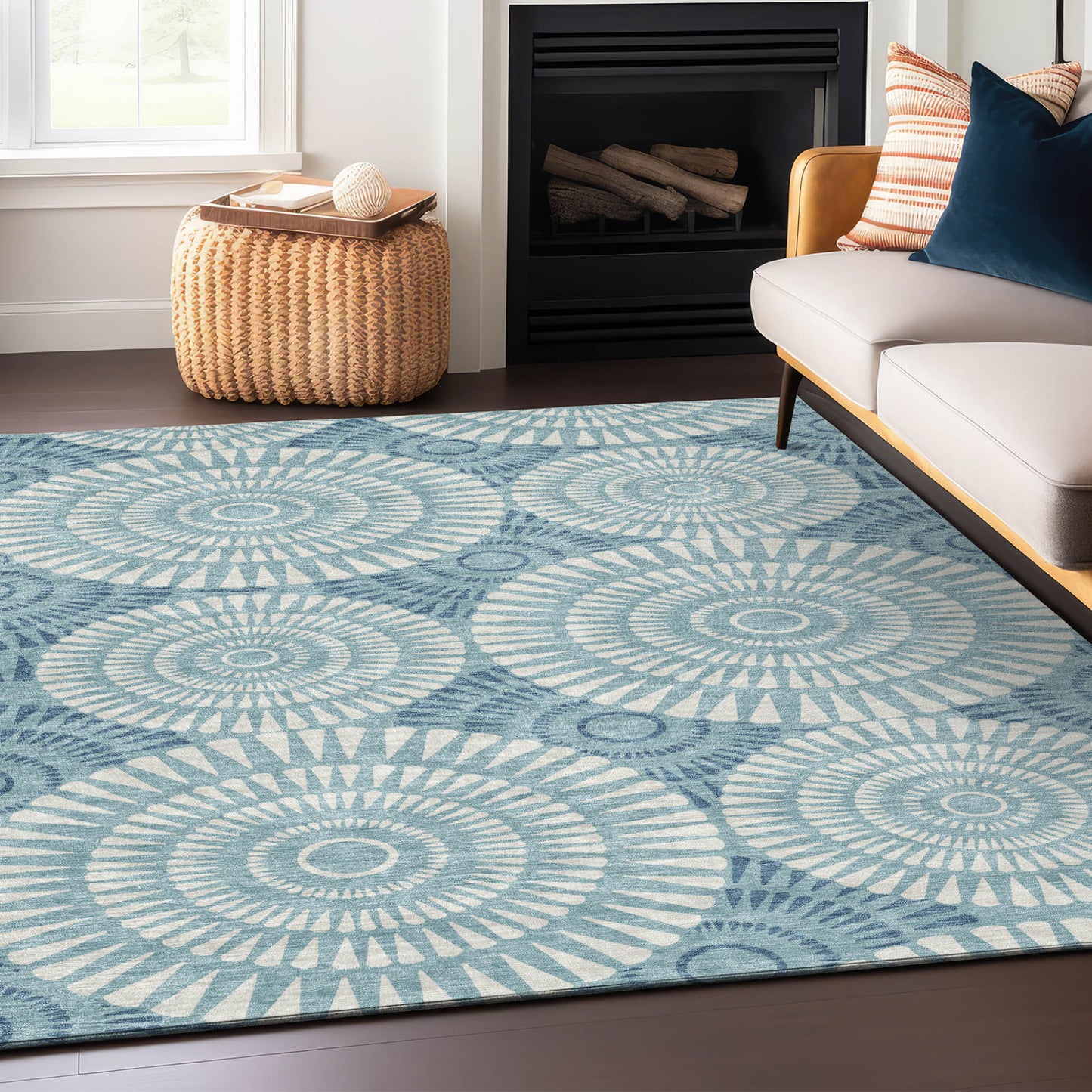 Tabselect Home Line 5' X 8' Teal Blue And Ivory Geometric Washable Indoor Outdoor Area Rug