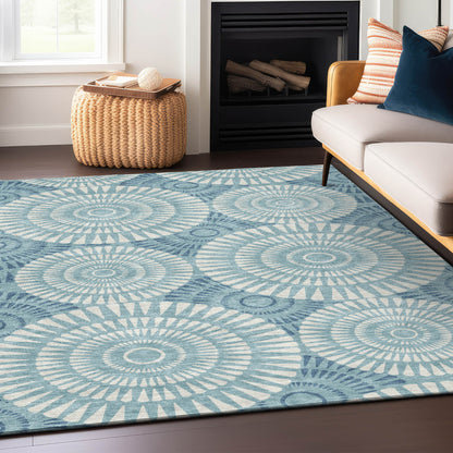 Tabselect Home Line 5' X 8' Teal Blue And Ivory Geometric Washable Indoor Outdoor Area Rug