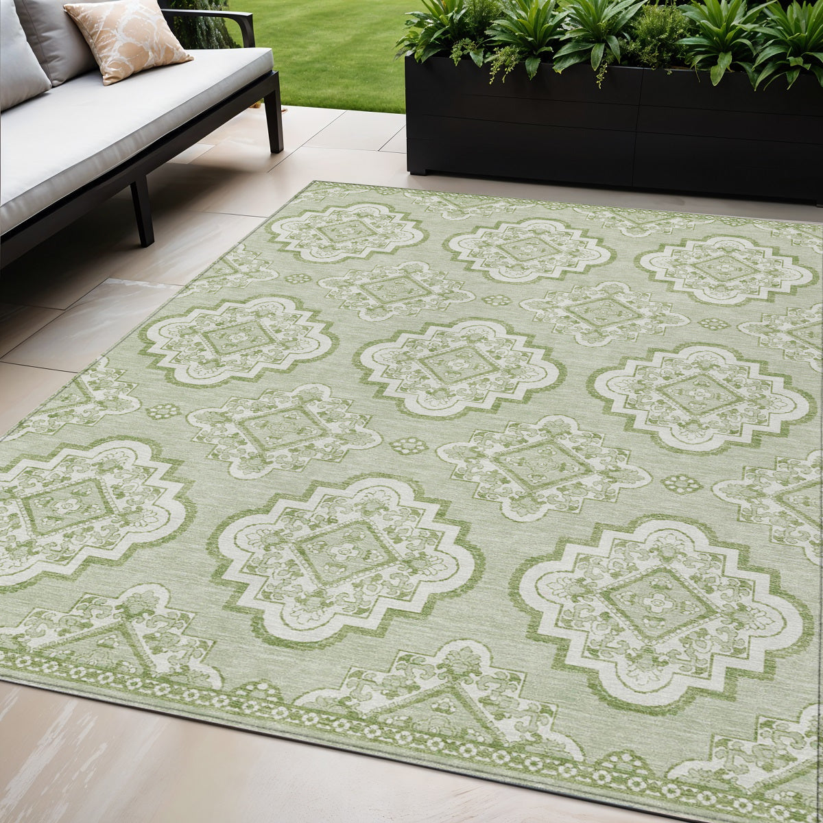 Tabselect Home Line 5' X 8' Artichoke Green And Ivory Medallion Washable Indoor Outdoor Area Rug
