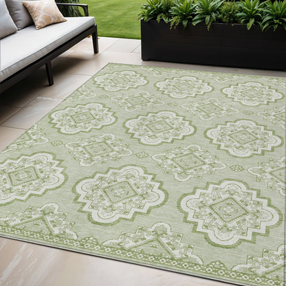 Tabselect Home Line 5' X 8' Artichoke Green And Ivory Medallion Washable Indoor Outdoor Area Rug
