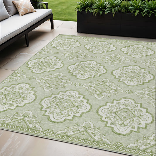 Tabselect Home Line 5' X 8' Artichoke Green And Ivory Medallion Washable Indoor Outdoor Area Rug