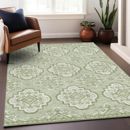 Tabselect Home Line 5' X 8' Artichoke Green And Ivory Medallion Washable Indoor Outdoor Area Rug