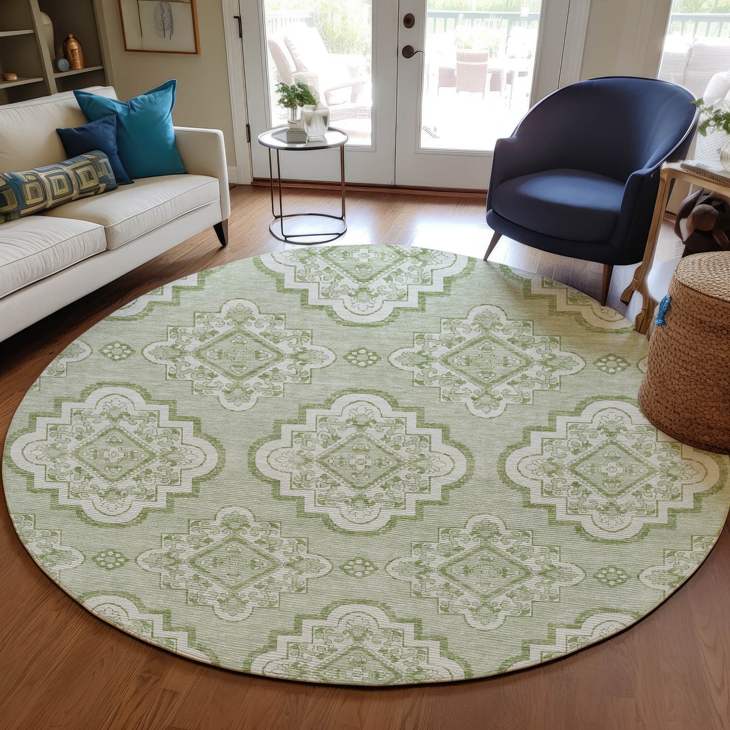 Tabselect Home Line 8' Artichoke Green And Ivory Round Medallion Washable Indoor Outdoor Area Rug