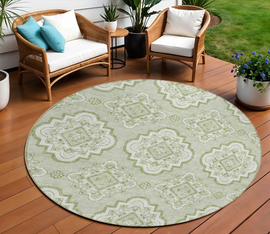 Tabselect Home Line 8' Artichoke Green And Ivory Round Medallion Washable Indoor Outdoor Area Rug