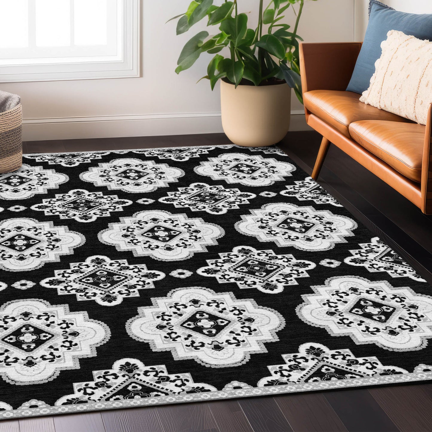 Tabselect Home Line 5' X 8' Black And Ivory Medallion Washable Indoor Outdoor Area Rug
