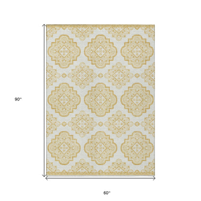 Tabselect Home Line 5' X 8' Gold And Ivory Medallion Washable Indoor Outdoor Area Rug
