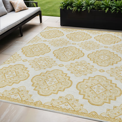 Tabselect Home Line 5' X 8' Gold And Ivory Medallion Washable Indoor Outdoor Area Rug