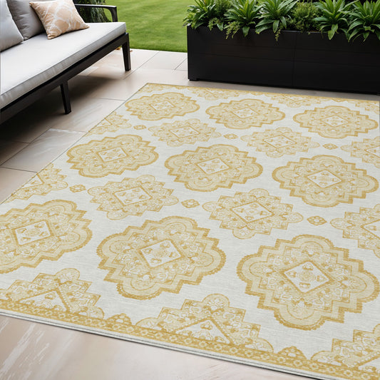Tabselect Home Line 5' X 8' Gold And Ivory Medallion Washable Indoor Outdoor Area Rug