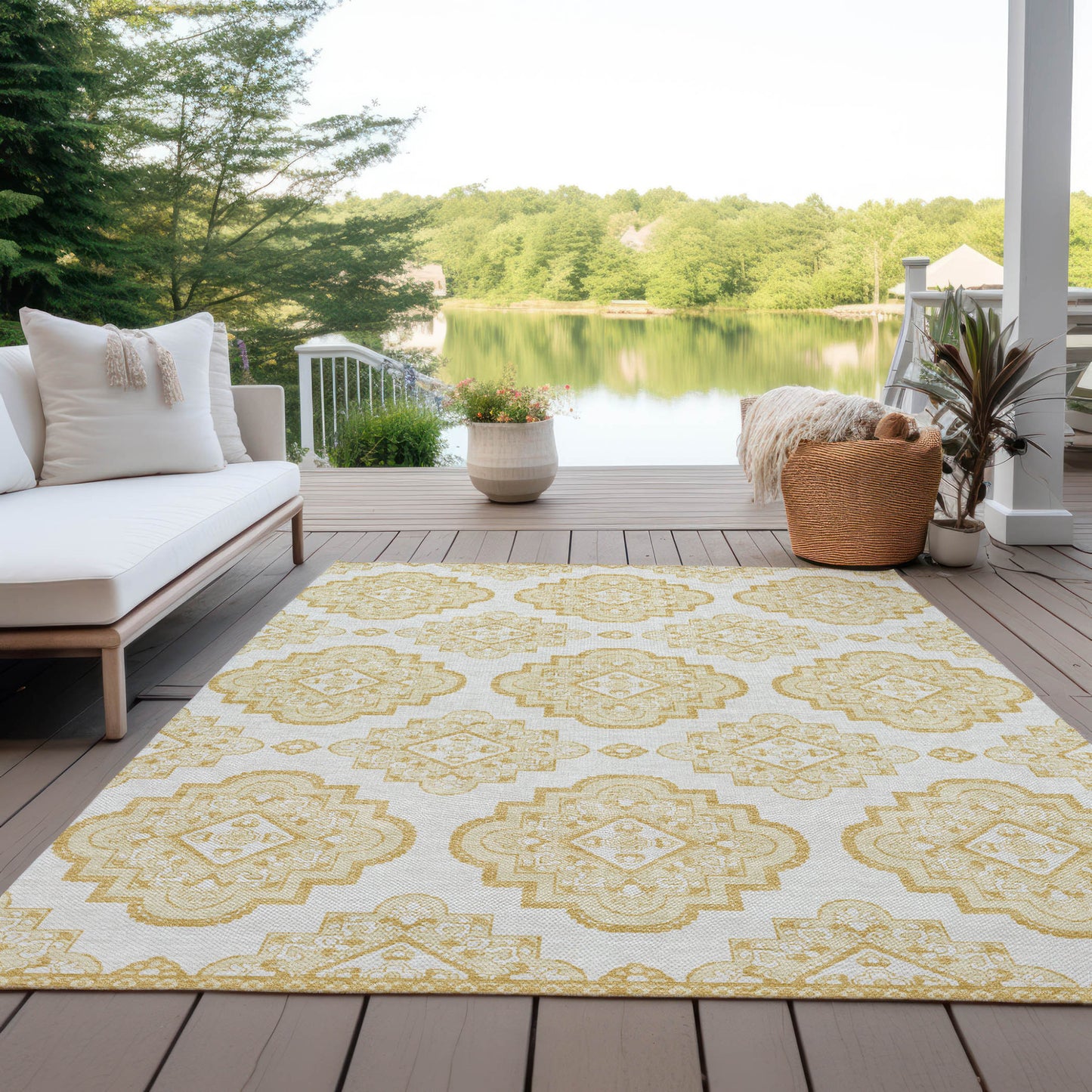 Tabselect Home Line 5' X 8' Gold And Ivory Medallion Washable Indoor Outdoor Area Rug