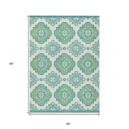 Tabselect Home Line 5' X 8' Lime Green And Ivory Medallion Washable Indoor Outdoor Area Rug