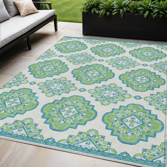 Tabselect Home Line 5' X 8' Lime Green And Ivory Medallion Washable Indoor Outdoor Area Rug