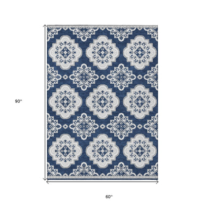 Tabselect Home Line 5' X 8' Navy Blue And Ivory Medallion Washable Indoor Outdoor Area Rug