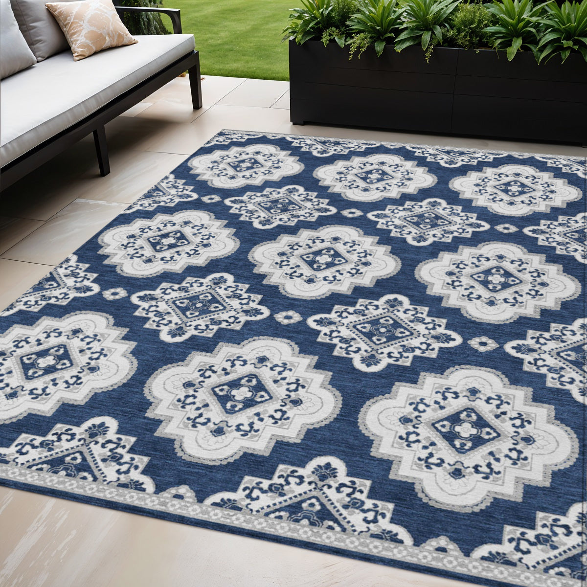 Tabselect Home Line 5' X 8' Navy Blue And Ivory Medallion Washable Indoor Outdoor Area Rug