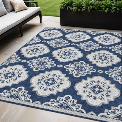 Tabselect Home Line 5' X 8' Navy Blue And Ivory Medallion Washable Indoor Outdoor Area Rug
