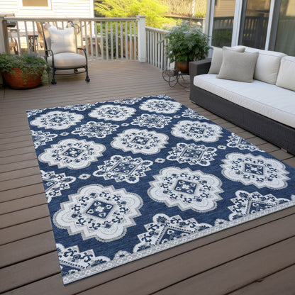 Tabselect Home Line 5' X 8' Navy Blue And Ivory Medallion Washable Indoor Outdoor Area Rug