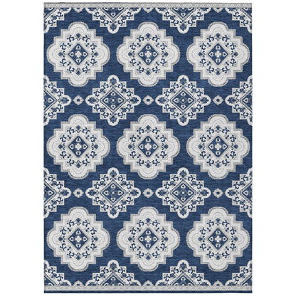 Tabselect Home Line 5' X 8' Navy Blue And Ivory Medallion Washable Indoor Outdoor Area Rug
