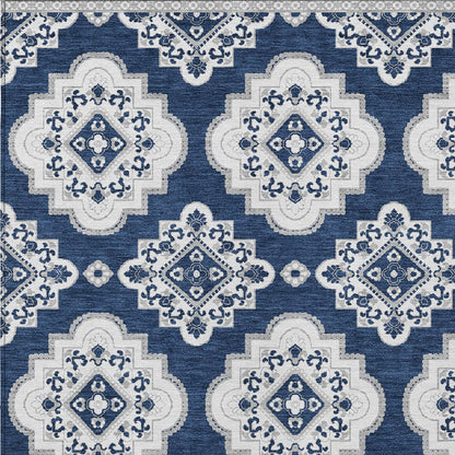 Tabselect Home Line 5' X 8' Navy Blue And Ivory Medallion Washable Indoor Outdoor Area Rug
