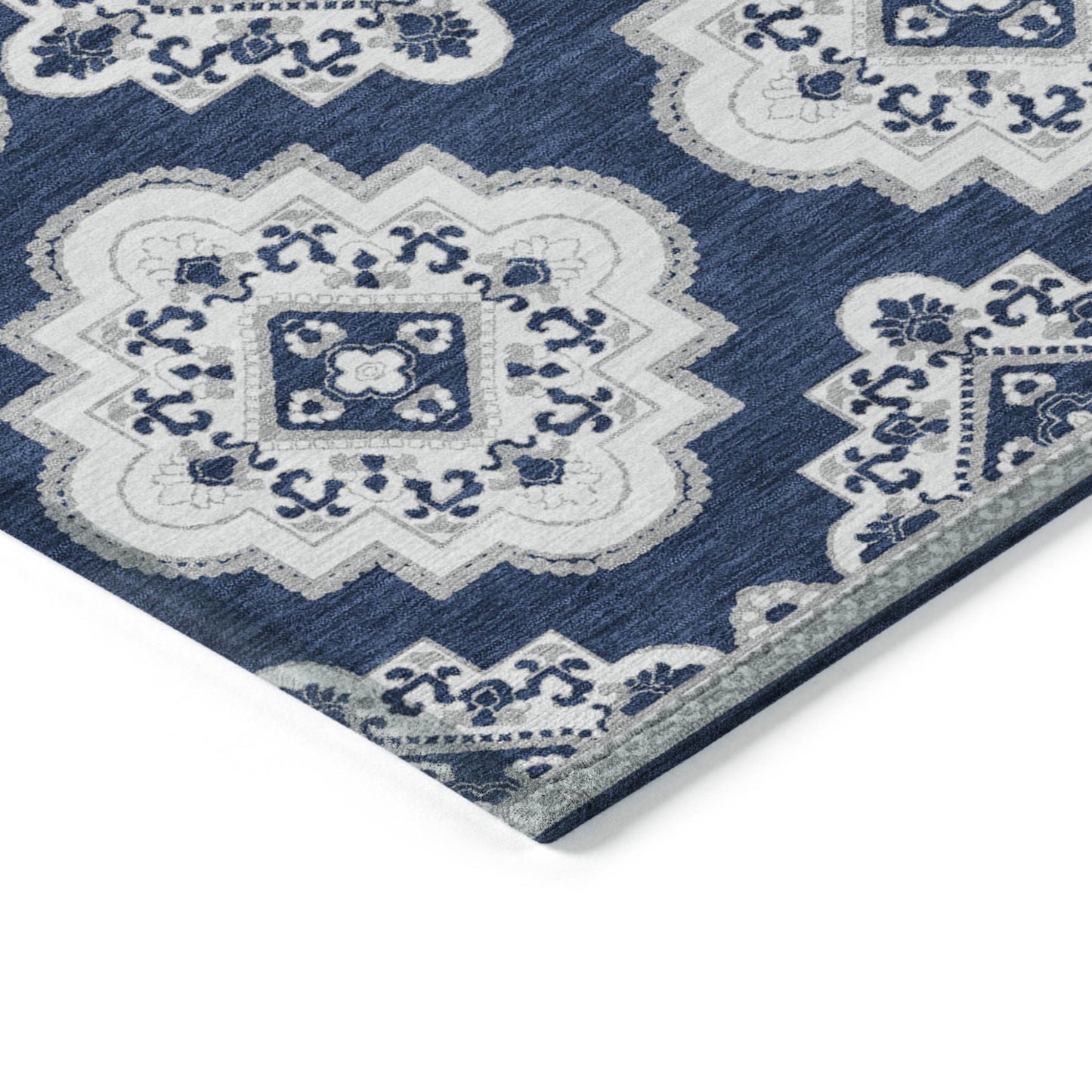Tabselect Home Line 5' X 8' Navy Blue And Ivory Medallion Washable Indoor Outdoor Area Rug