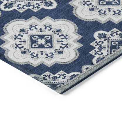Tabselect Home Line 5' X 8' Navy Blue And Ivory Medallion Washable Indoor Outdoor Area Rug