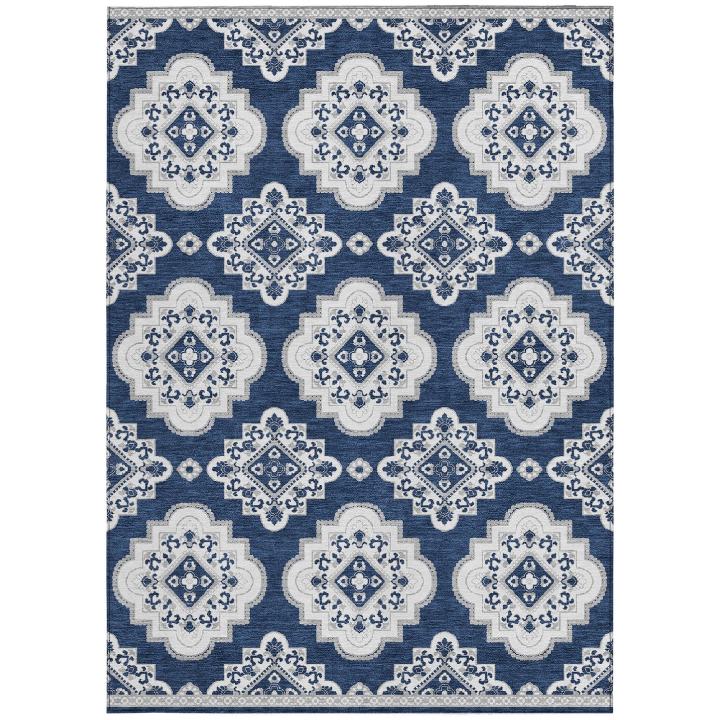 Tabselect Home Line 5' X 8' Navy Blue And Ivory Medallion Washable Indoor Outdoor Area Rug