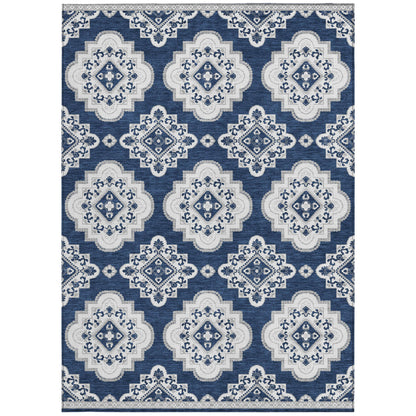 Tabselect Home Line 5' X 8' Navy Blue And Ivory Medallion Washable Indoor Outdoor Area Rug