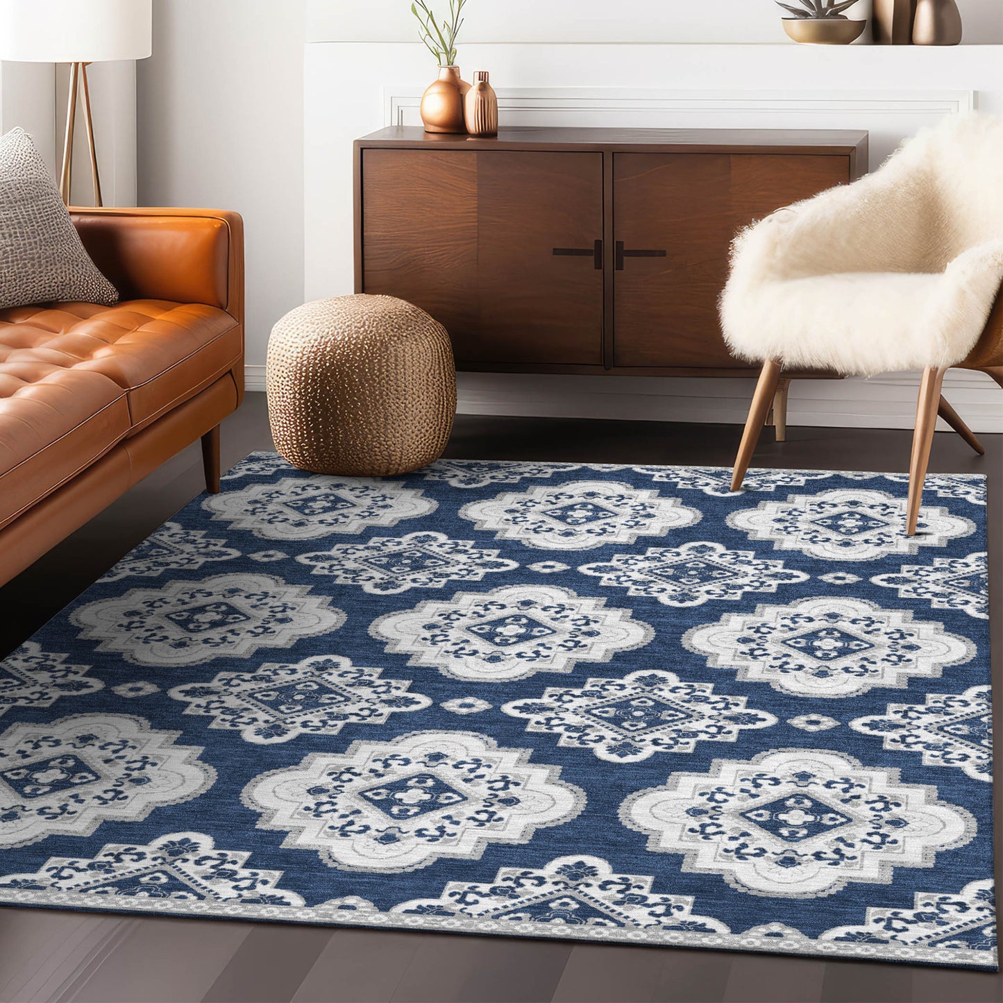 Tabselect Home Line 5' X 8' Navy Blue And Ivory Medallion Washable Indoor Outdoor Area Rug