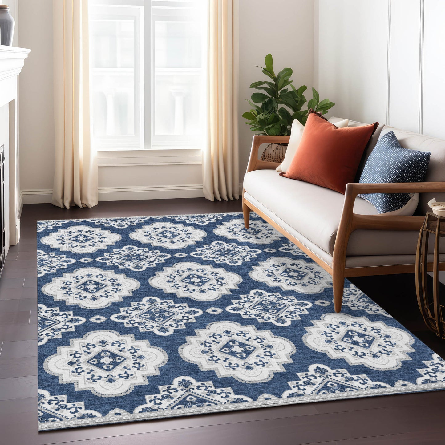 Tabselect Home Line 5' X 8' Navy Blue And Ivory Medallion Washable Indoor Outdoor Area Rug