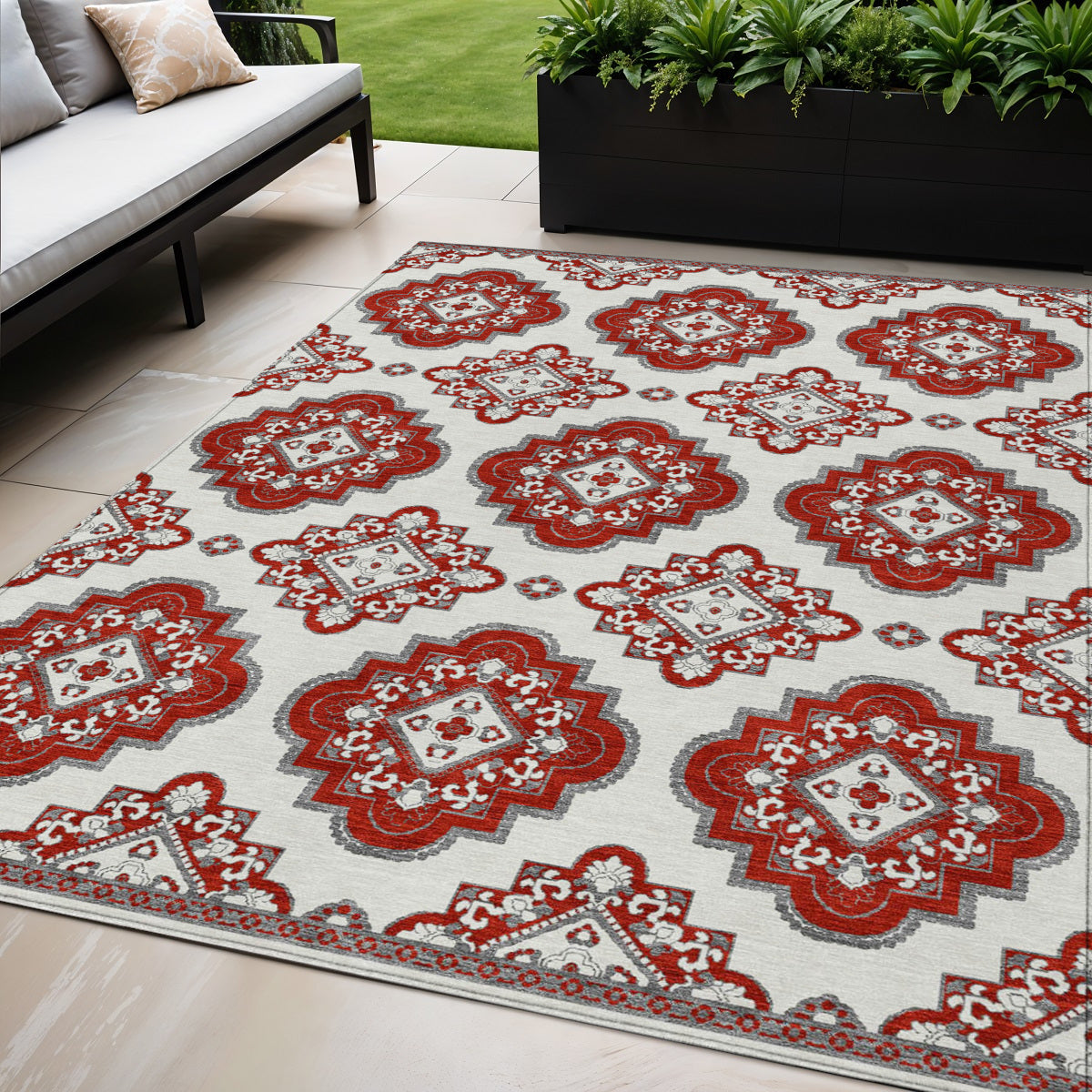 Tabselect Home Line 5' X 8' Red And Beige Medallion Washable Indoor Outdoor Area Rug