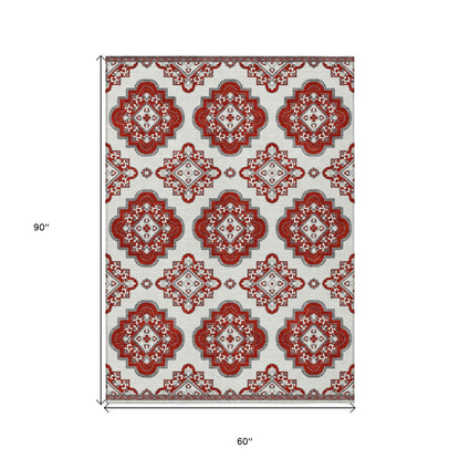 Tabselect Home Line 5' X 8' Red And Beige Medallion Washable Indoor Outdoor Area Rug