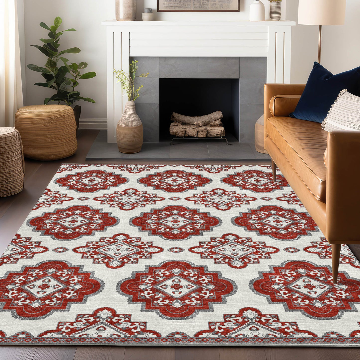 Tabselect Home Line 5' X 8' Red And Beige Medallion Washable Indoor Outdoor Area Rug