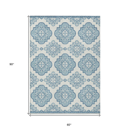 Tabselect Home Line 5' X 8' Teal Blue And Ivory Medallion Washable Indoor Outdoor Area Rug
