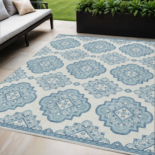Tabselect Home Line 5' X 8' Teal Blue And Ivory Medallion Washable Indoor Outdoor Area Rug