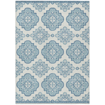 Tabselect Home Line 5' X 8' Teal Blue And Ivory Medallion Washable Indoor Outdoor Area Rug