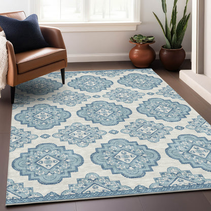 Tabselect Home Line 5' X 8' Teal Blue And Ivory Medallion Washable Indoor Outdoor Area Rug