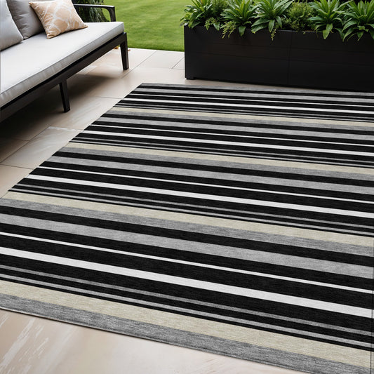 Tabselect Home Line 5' X 8' Black Ivory And Gray Striped Washable Indoor Outdoor Area Rug