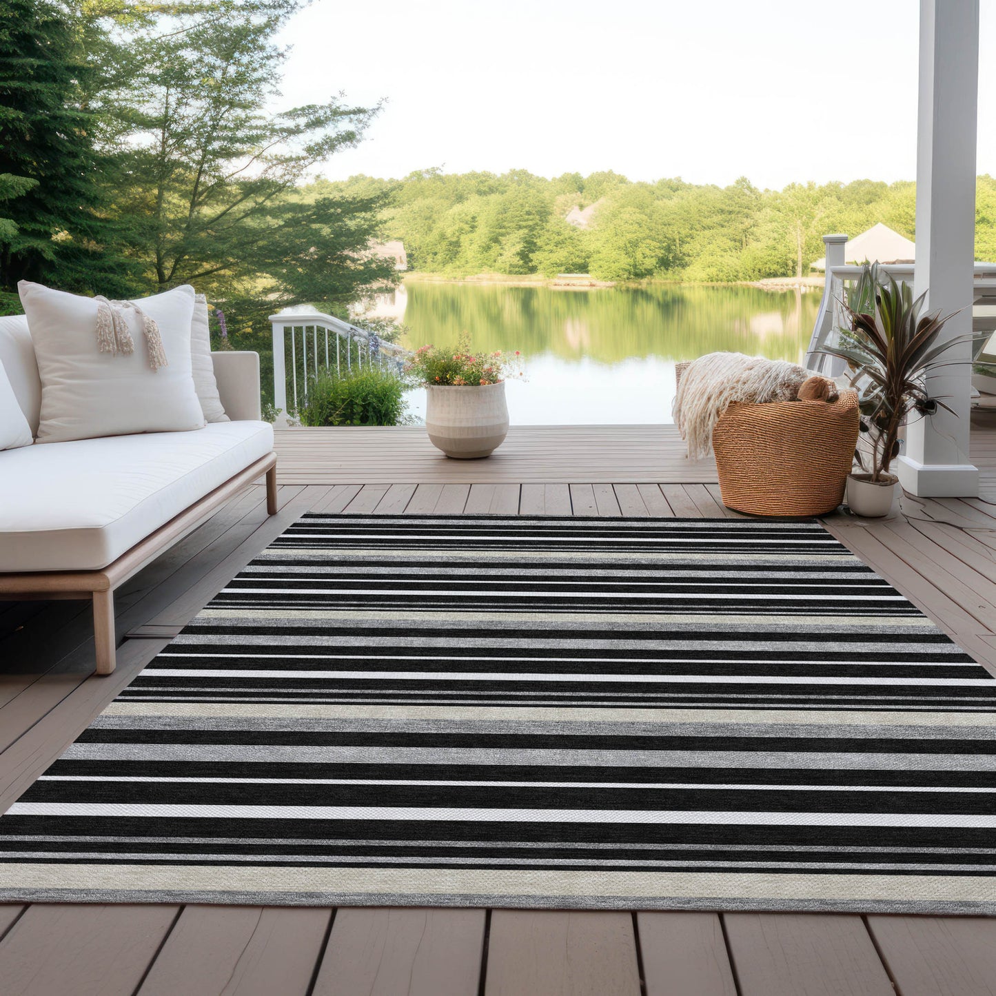 Tabselect Home Line 5' X 8' Black Ivory And Gray Striped Washable Indoor Outdoor Area Rug