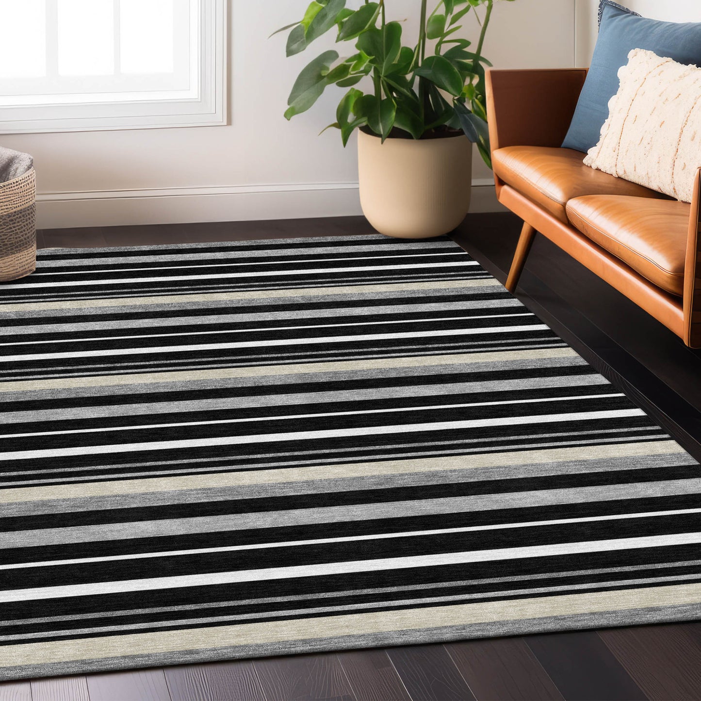 Tabselect Home Line 5' X 8' Black Ivory And Gray Striped Washable Indoor Outdoor Area Rug