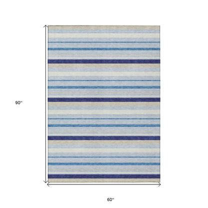 Tabselect Home Line 5' X 8' Blue Purple And Gray Striped Washable Indoor Outdoor Area Rug