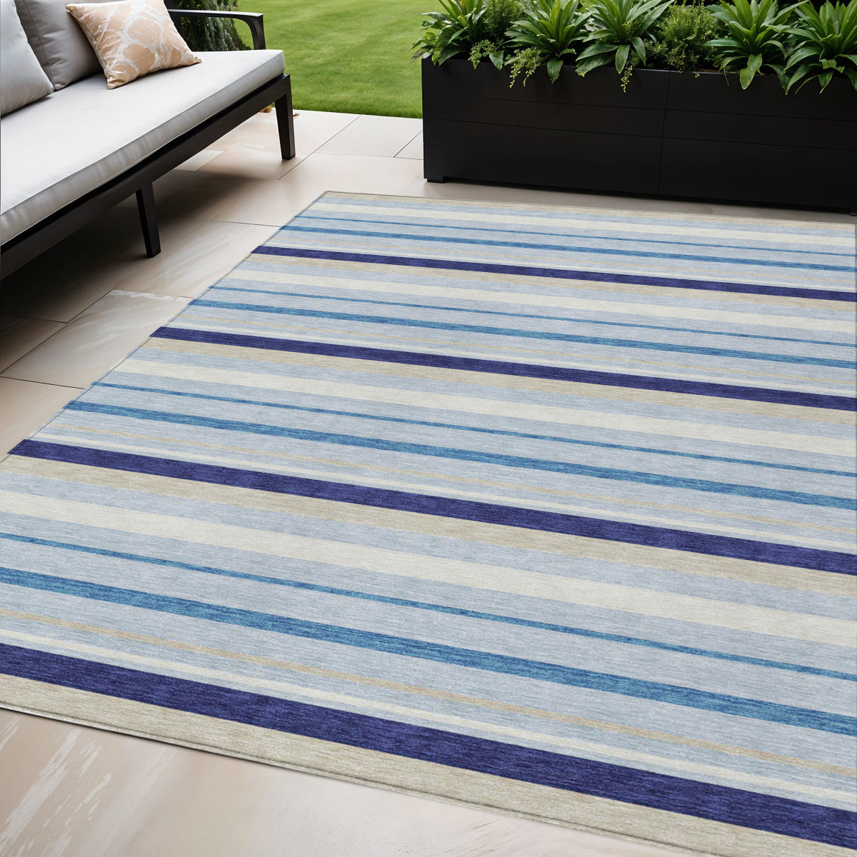 Tabselect Home Line 5' X 8' Blue Purple And Gray Striped Washable Indoor Outdoor Area Rug