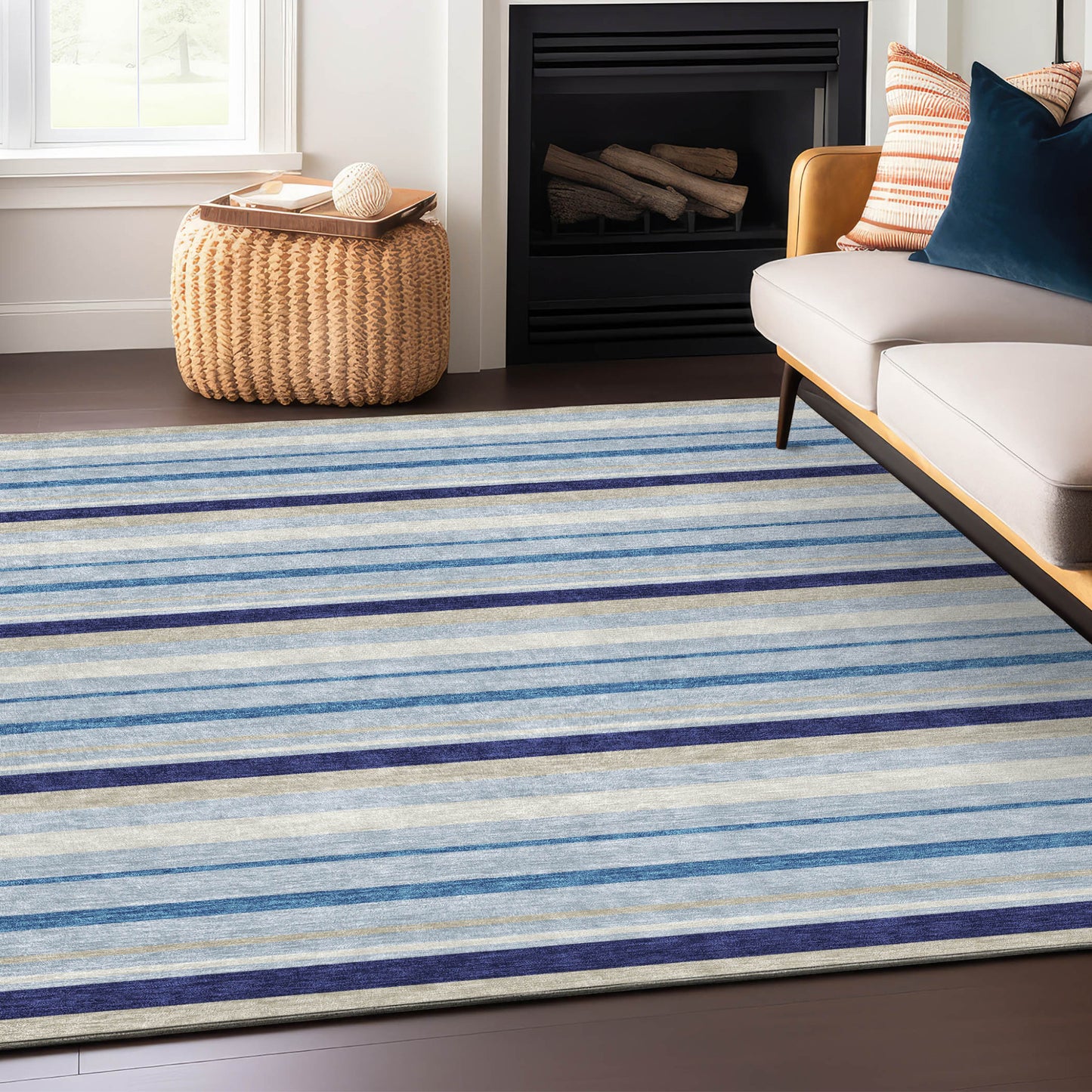 Tabselect Home Line 5' X 8' Blue Purple And Gray Striped Washable Indoor Outdoor Area Rug
