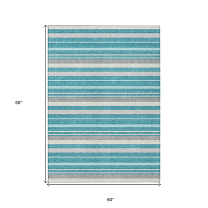 Tabselect Home Line 5' X 8' Teal Blue Gray And Ivory Striped Washable Indoor Outdoor Area Rug